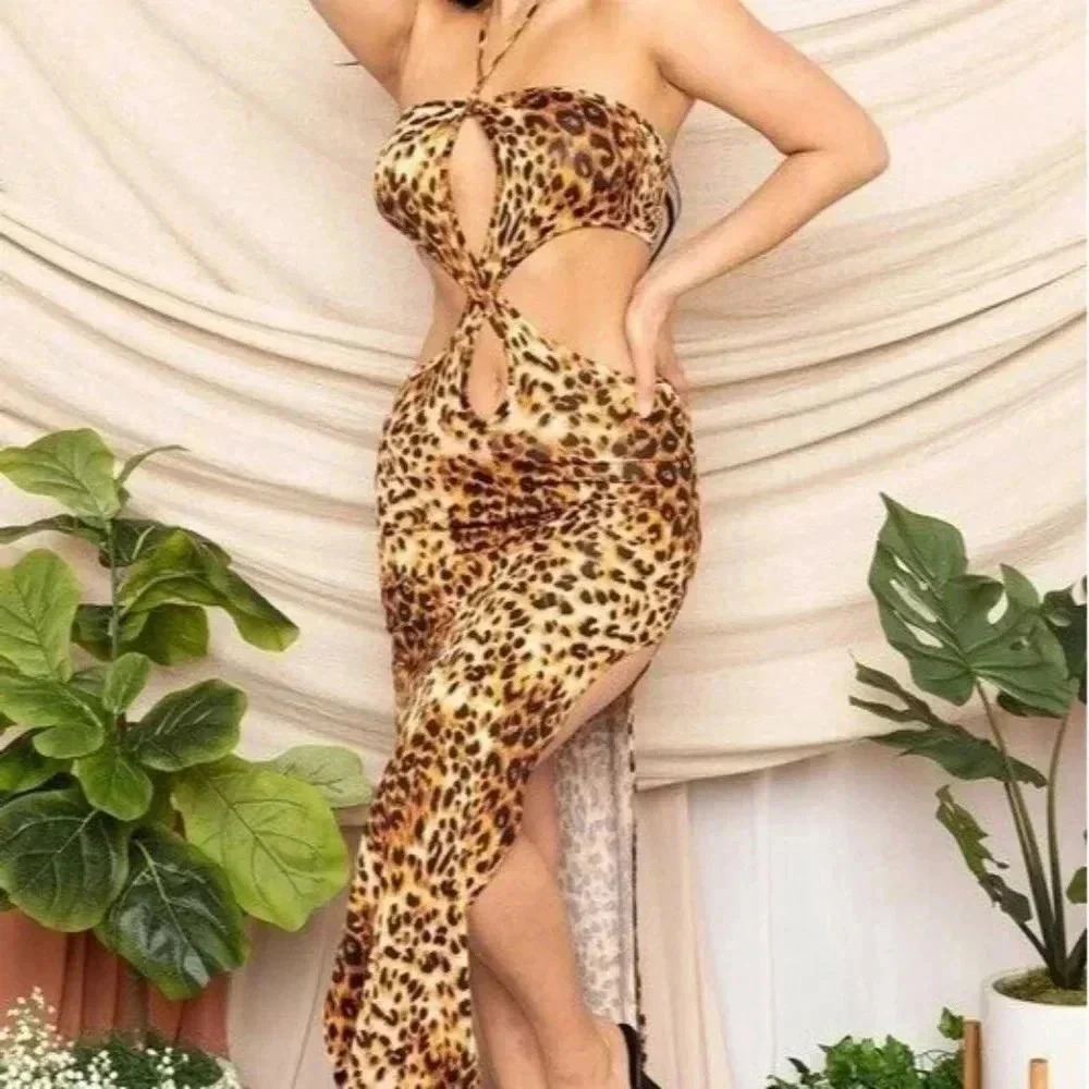 Leopard Size Large Animal Print Cut Out Style Bodycon Maxi Dress. New
